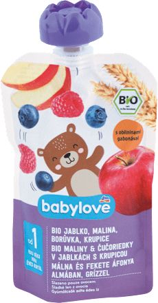 Bio gyümölcspüré málna és fekete áfonya almában, grízzel, 1 éves kortól, 100 g