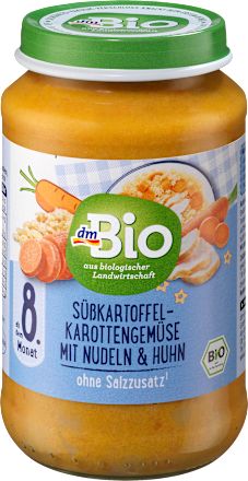 Bio junior menü sárgarépa édesburgonyával, tésztával és csirkével, 8. hónapos kortól, 220 g