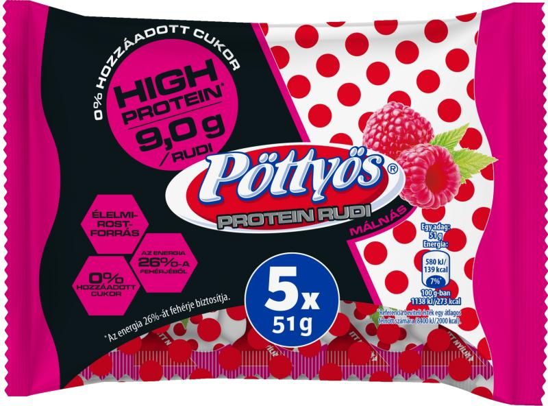 Pöttyös Protein Rudi túródesszert kakaós étbevonattal, málnás 5x51 g