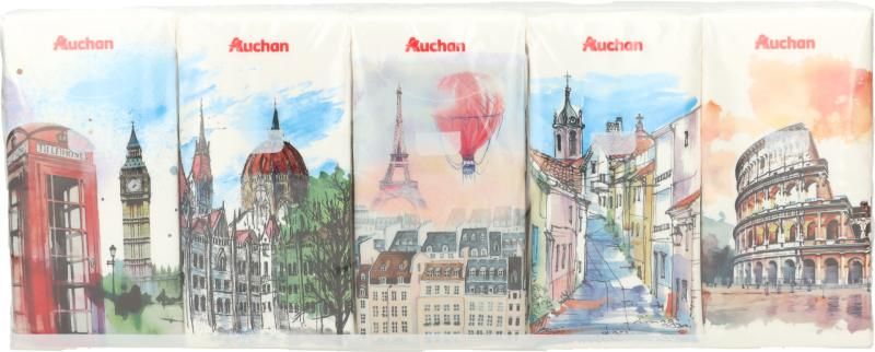 Auchan Kedvenc Travel Collection 4 rétegű papír zsebkendő 10 x 10 db/ csomag