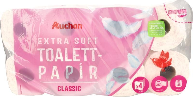 Auchan Kedvenc toalettpapír extra soft 4 rétegű 150 lap 16 tekercs