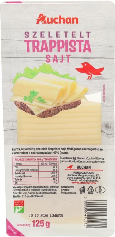 Auchan Kedvenc trappista sajt szeletelt, zsírszegény, félkemény 125 g
