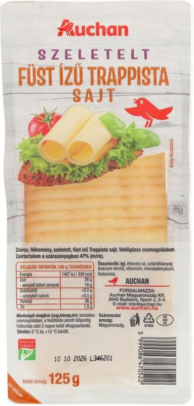 Auchan Kedvenc trappista sajt szeletelt, zsírszegény, félkemény füst ízű 125 g