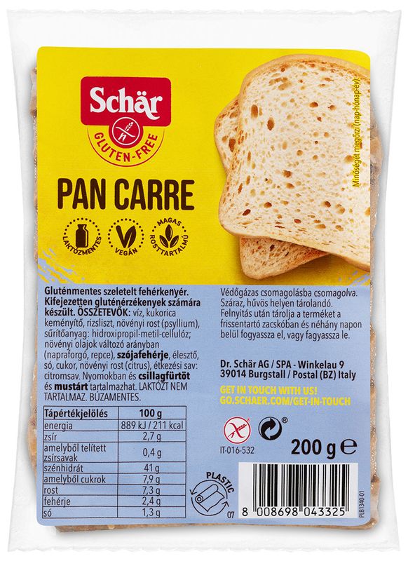 Schär, Pan Carre kenyér, gluténmentes, 200g